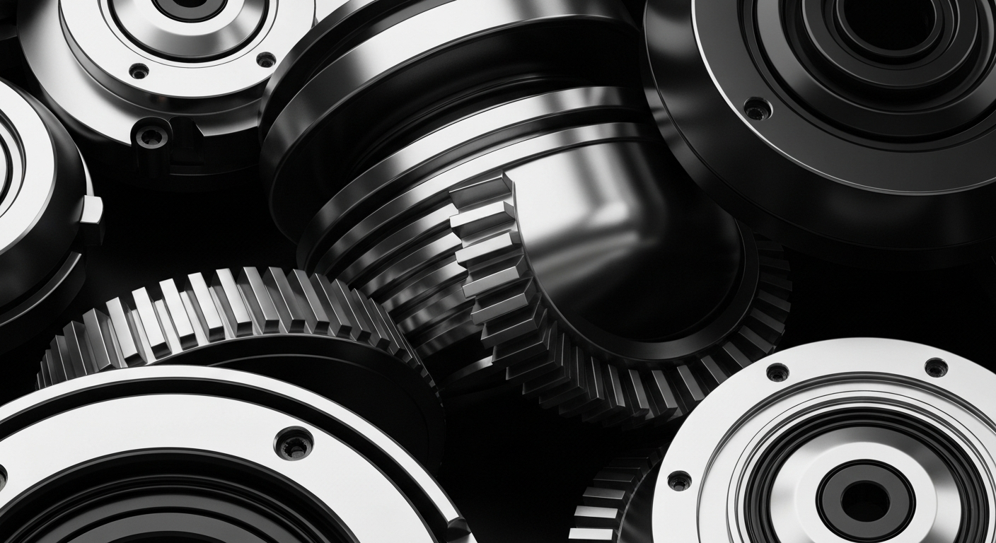 An extreme close-up of intricate, interlocking metal gears and bearings in shades of silver and black, conveying the complex mechanics that underpin the financial industry.