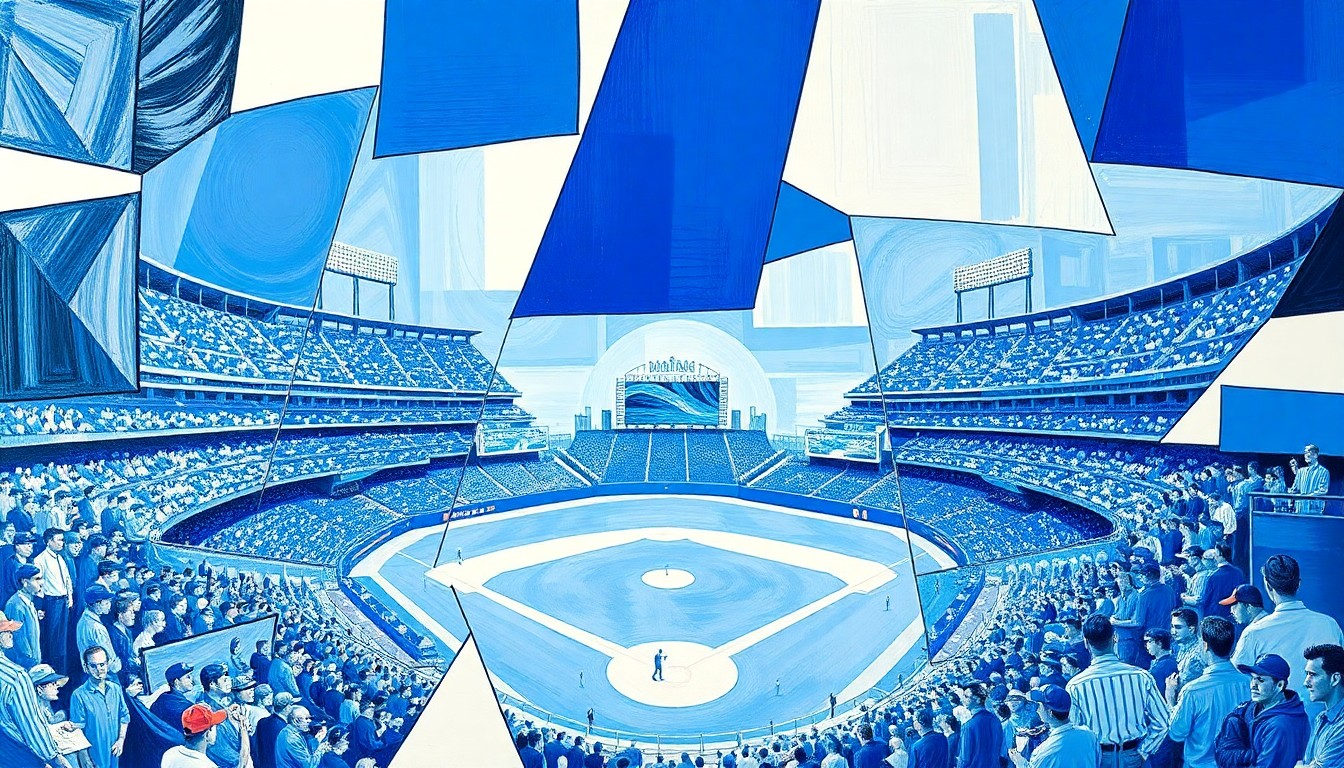 A cubist, geometric painting depicting the fragmented elements of a baseball stadium, players, and fans, rendered in shades of blue and white to represent the Kansas City Royals.