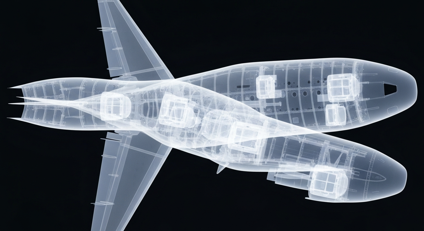 An extreme close-up X-ray photograph revealing the complex internal structure of an aircraft fuselage, with ghostly outlines of medical isolation chambers, conceptually representing the high-risk Ebola evacuation missions undertaken by the Cartersville aviation company.