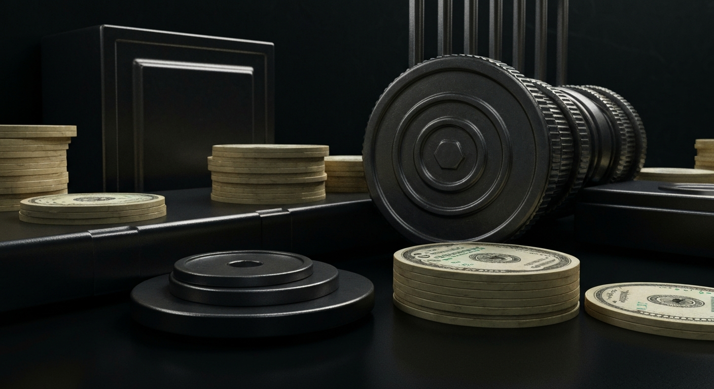 An extreme close-up of intricate, industrial banking machinery and equipment, conveying the complex and high-stakes nature of Australia's superannuation investments in the U.S. tech and AI sectors.