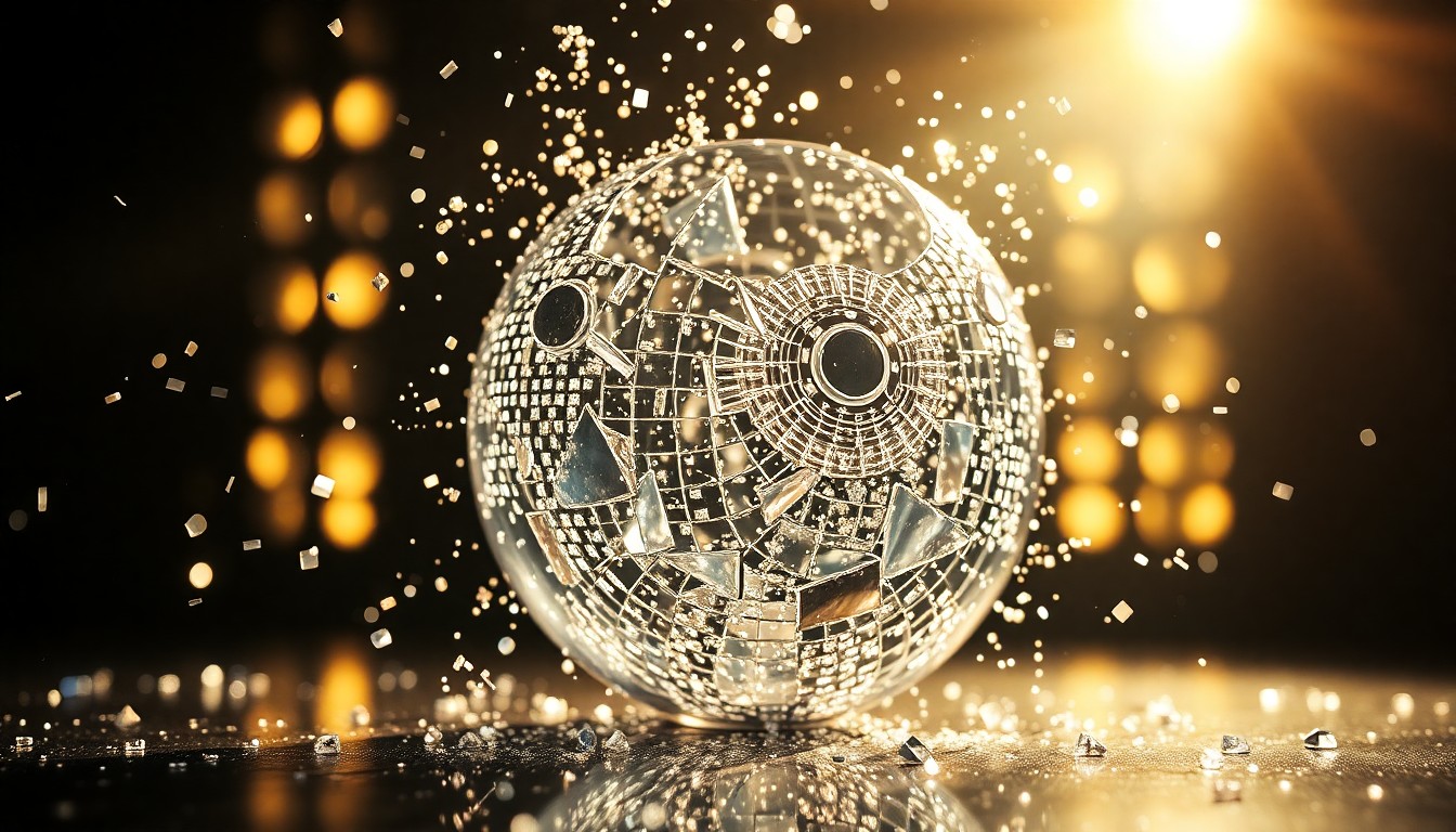 An extreme close-up photograph of shimmering, jagged shards of reflective disco glass, capturing the high-energy, glamorous atmosphere of an electronic music festival performance.