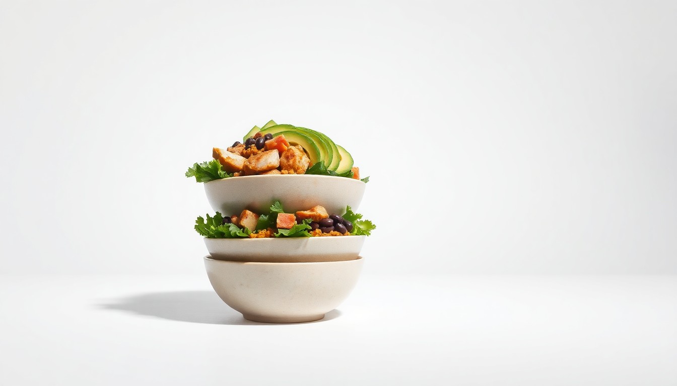 A photorealistic studio still-life image featuring a stack of Chipotle burrito bowls made with grilled chicken, black beans, and fresh avocado, arranged elegantly on a clean, white background with dramatic lighting and shadows to represent the nutritious, protein-packed offerings of the brand.