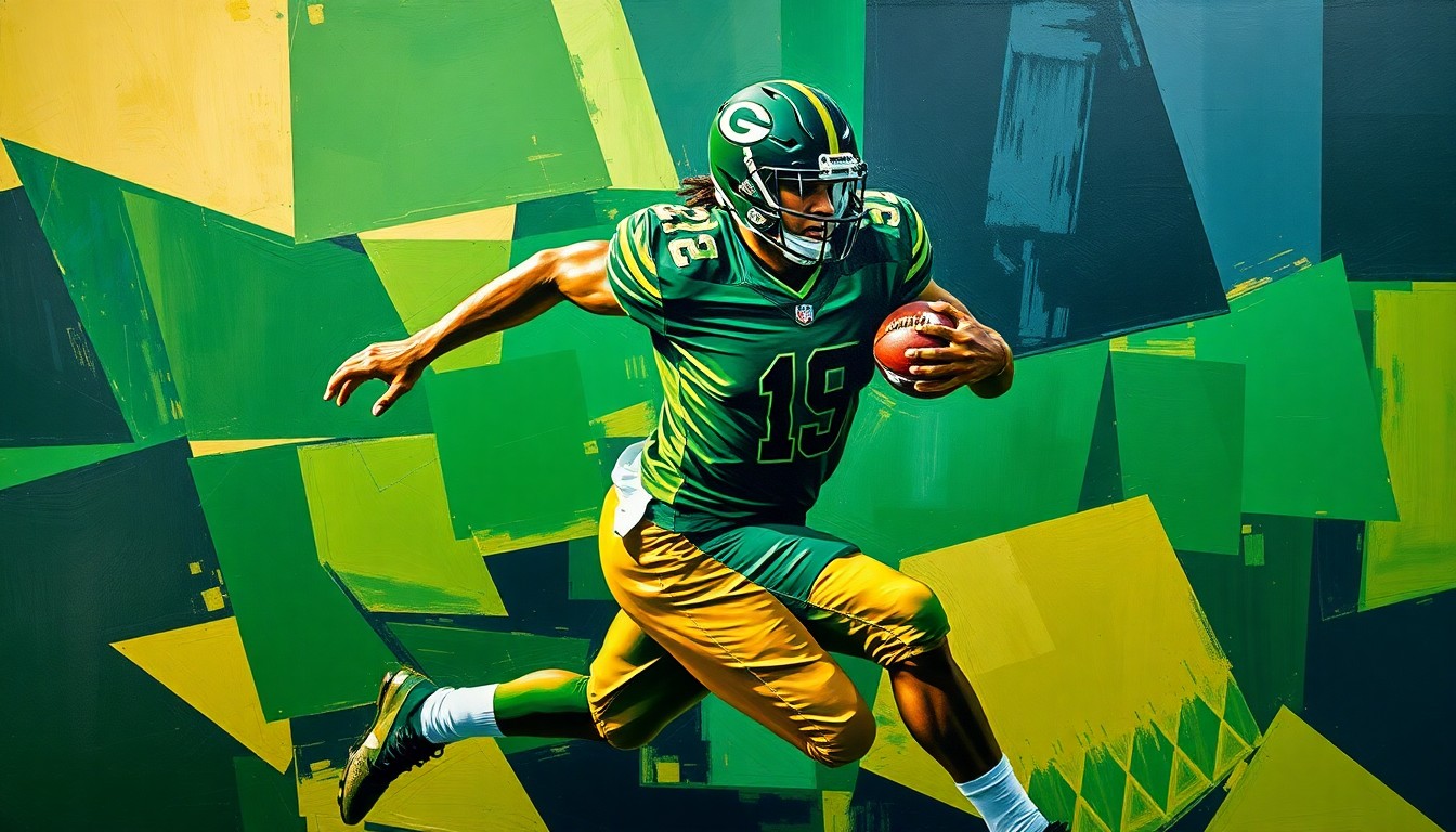 A cubist-style painting depicting a football player in motion, broken down into sharp, overlapping geometric shapes in shades of green, gold, and navy blue.