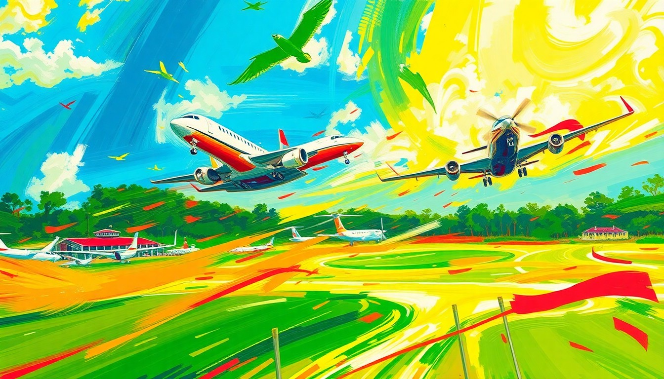 An abstract, expressionist painting using vibrant neon colors and rapid brushstrokes to capture the frenetic energy and movement of private jets taking off and landing at an airport, representing the surge of air traffic during a major sporting event.