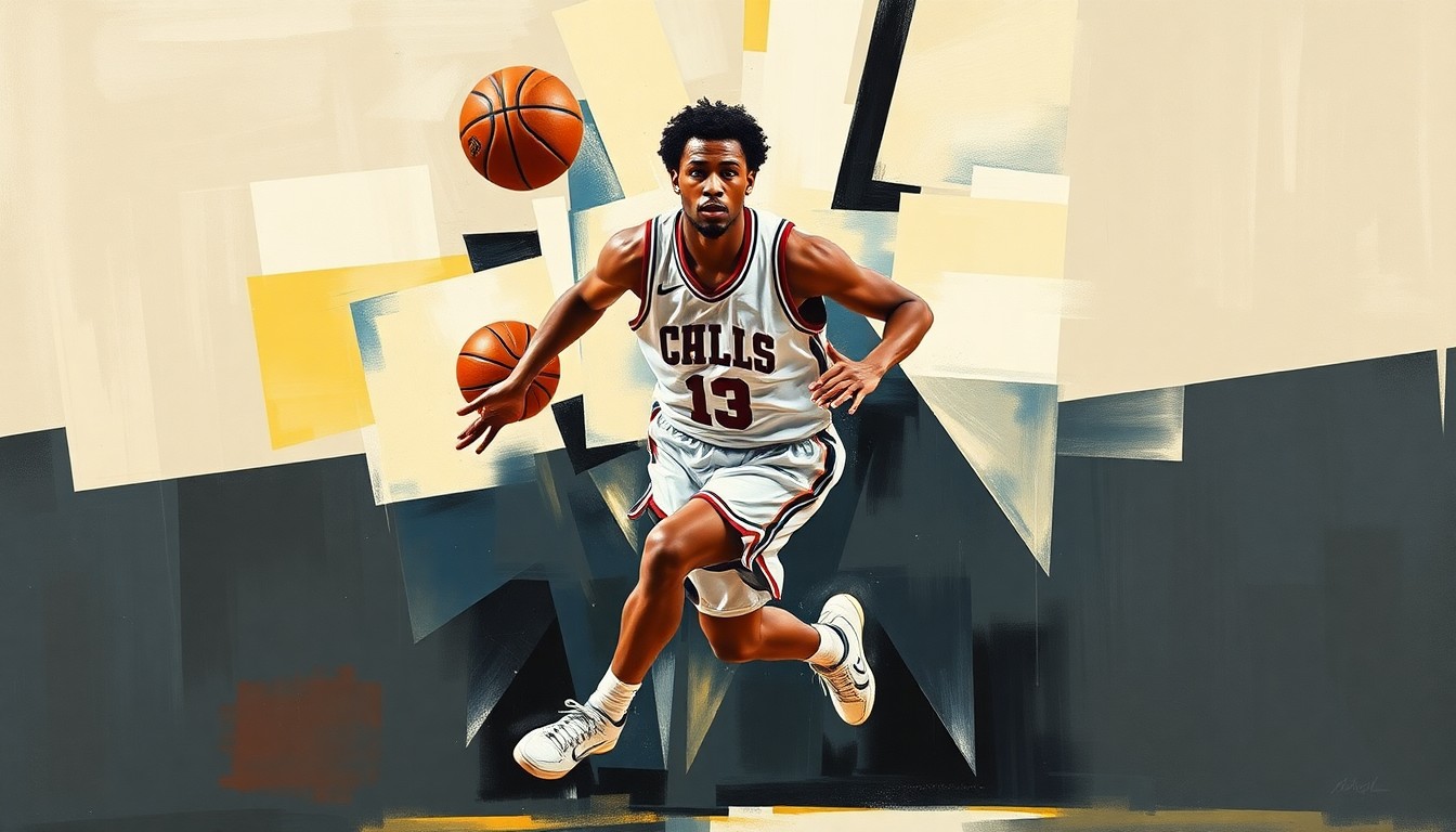 A fragmented, cubist-style painting depicting a college basketball player in mid-motion, their form broken down into sharp, overlapping geometric shapes and planes that convey a sense of dynamic energy and movement.