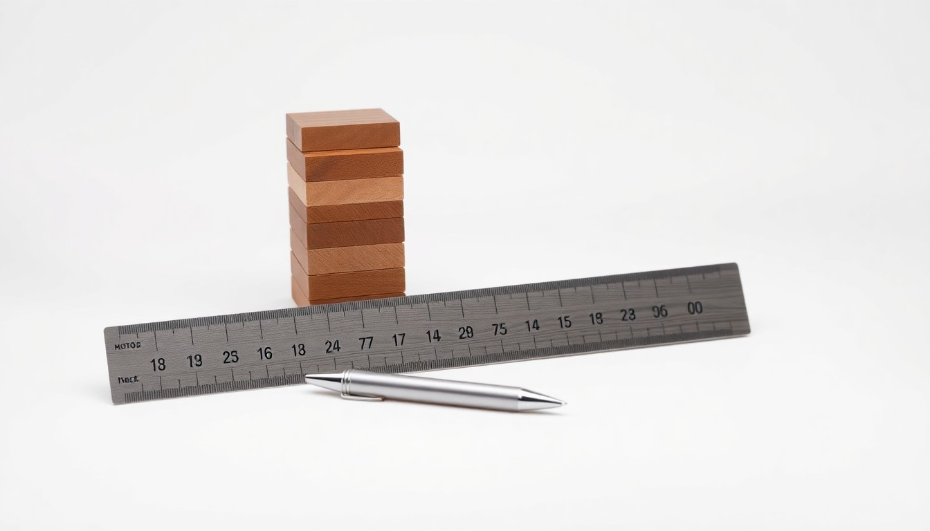 A minimalist, photorealistic studio still life featuring a stack of polished wooden blocks, a metal ruler, and a single pen on a clean white background, conceptually representing the financial metrics and corporate governance of a public company.