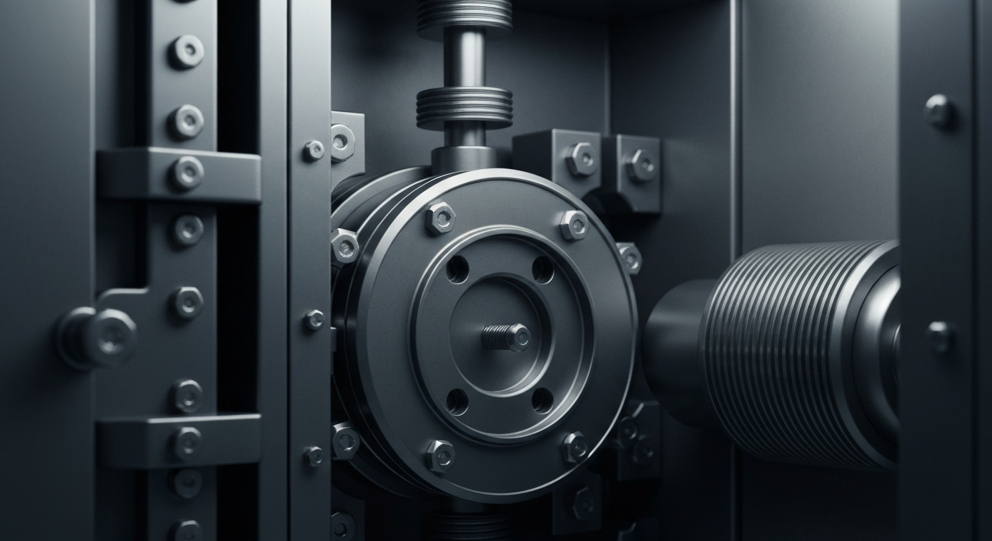 An extreme close-up of the heavy, industrial machinery and components that make up the internal workings of a high-security banking vault, conveying a sense of institutional stability and financial security.