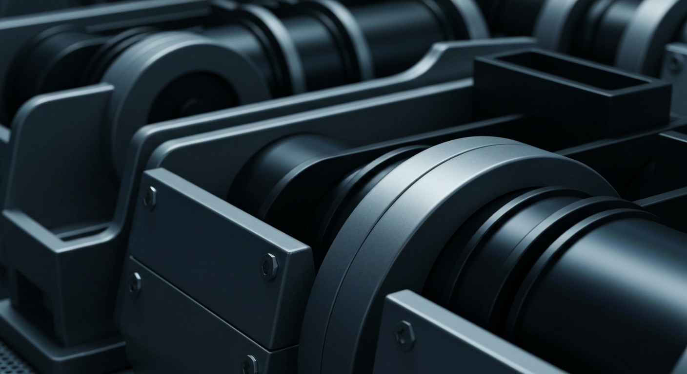 A highly detailed, macro-level view of industrial banking equipment and machinery, conveying a sense of the secure, powerful infrastructure underlying financial markets.