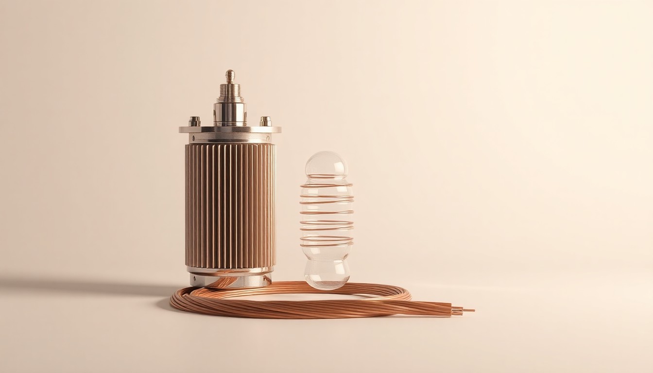 A photorealistic studio image featuring a polished metal electrical transformer, a glass insulator, and a coil of copper wire arranged elegantly on a clean, monochromatic background, symbolizing the infrastructure and technology powering the regulated utility sector.