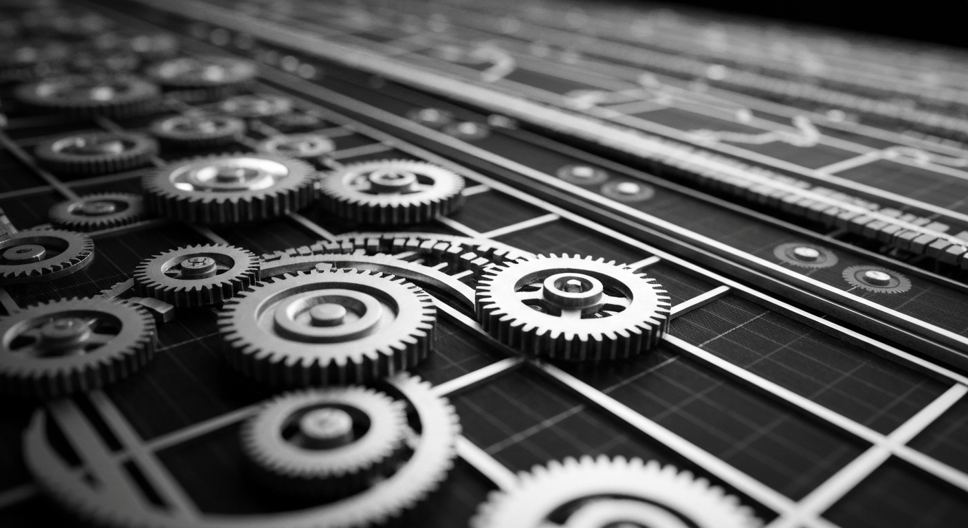 A highly detailed, black-and-white close-up image of the complex inner workings of a financial trading platform, capturing the power and precision of modern financial technology.