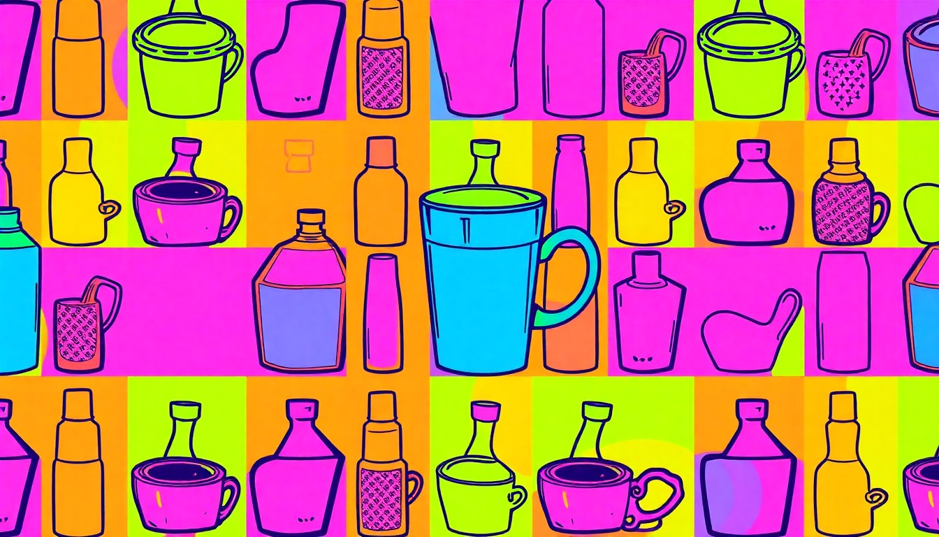 A brightly colored, high-contrast silkscreen print of a reusable grocery bag repeated in a tight grid pattern, conceptually representing the community-focused values of an independent natural food store.