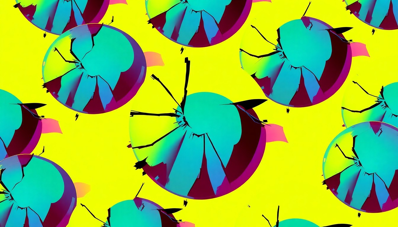 A heavily textured, abstracted close-up of a shattered car sensor lens reflecting a faint red light, conceptually illustrating the vandalism of self-driving cars.