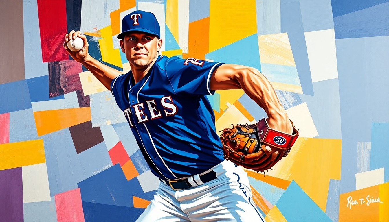 A cubist, geometric painting depicting a baseball pitcher's motion broken down into overlapping, angular shapes and planes in the colors of the Texas Rangers' team palette.