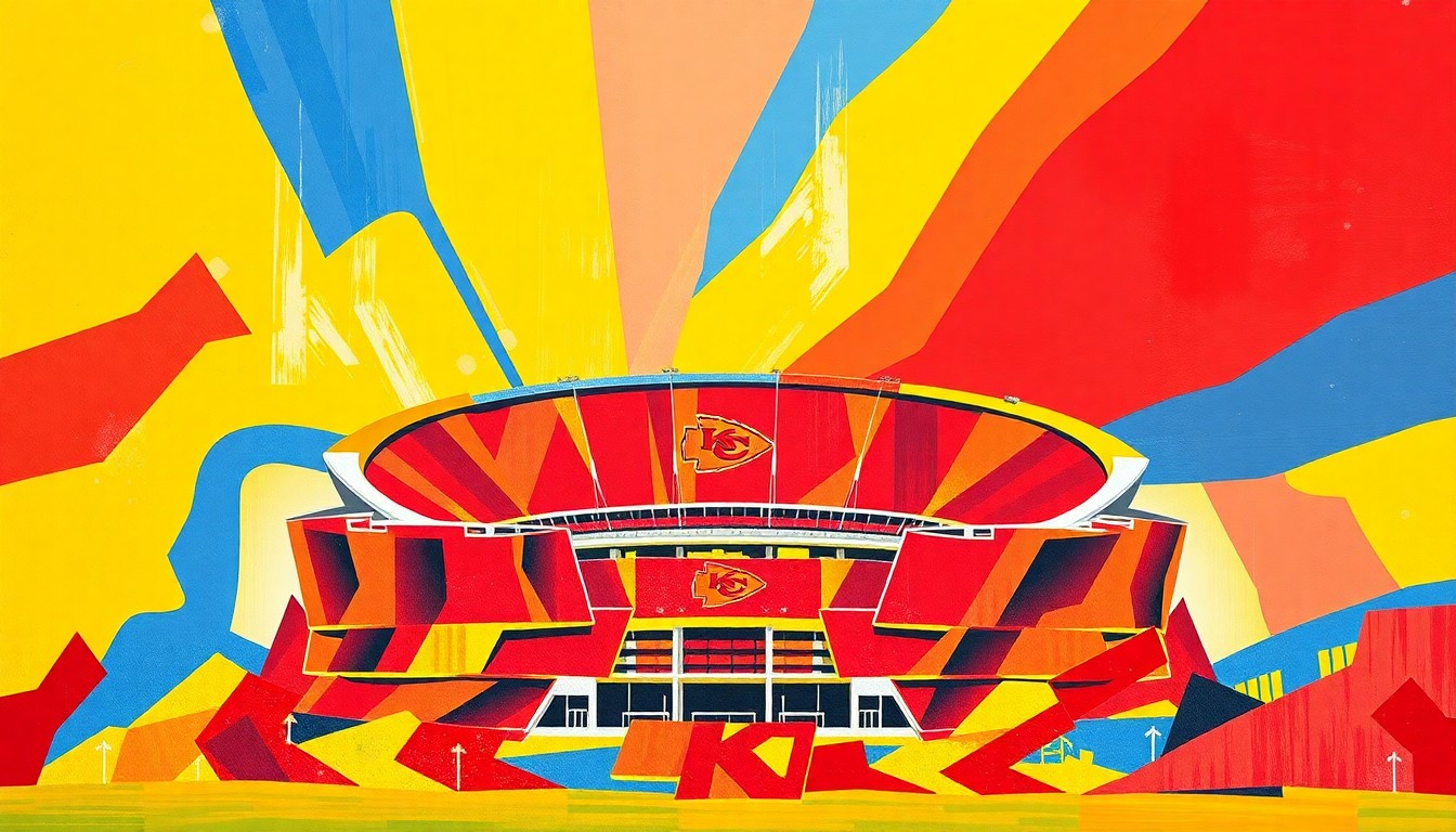 A fractured, abstract painting in bold primary colors depicting the iconic Arrowhead Stadium in Kansas City, conveying the high-energy debate over the Chiefs' relocation plans.
