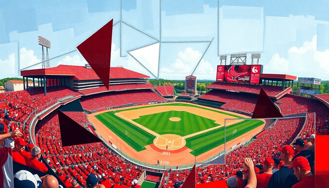 A cubist, geometric painting depicting a college baseball game, with overlapping planes of red, white, and blue representing the dynamic action on the field.