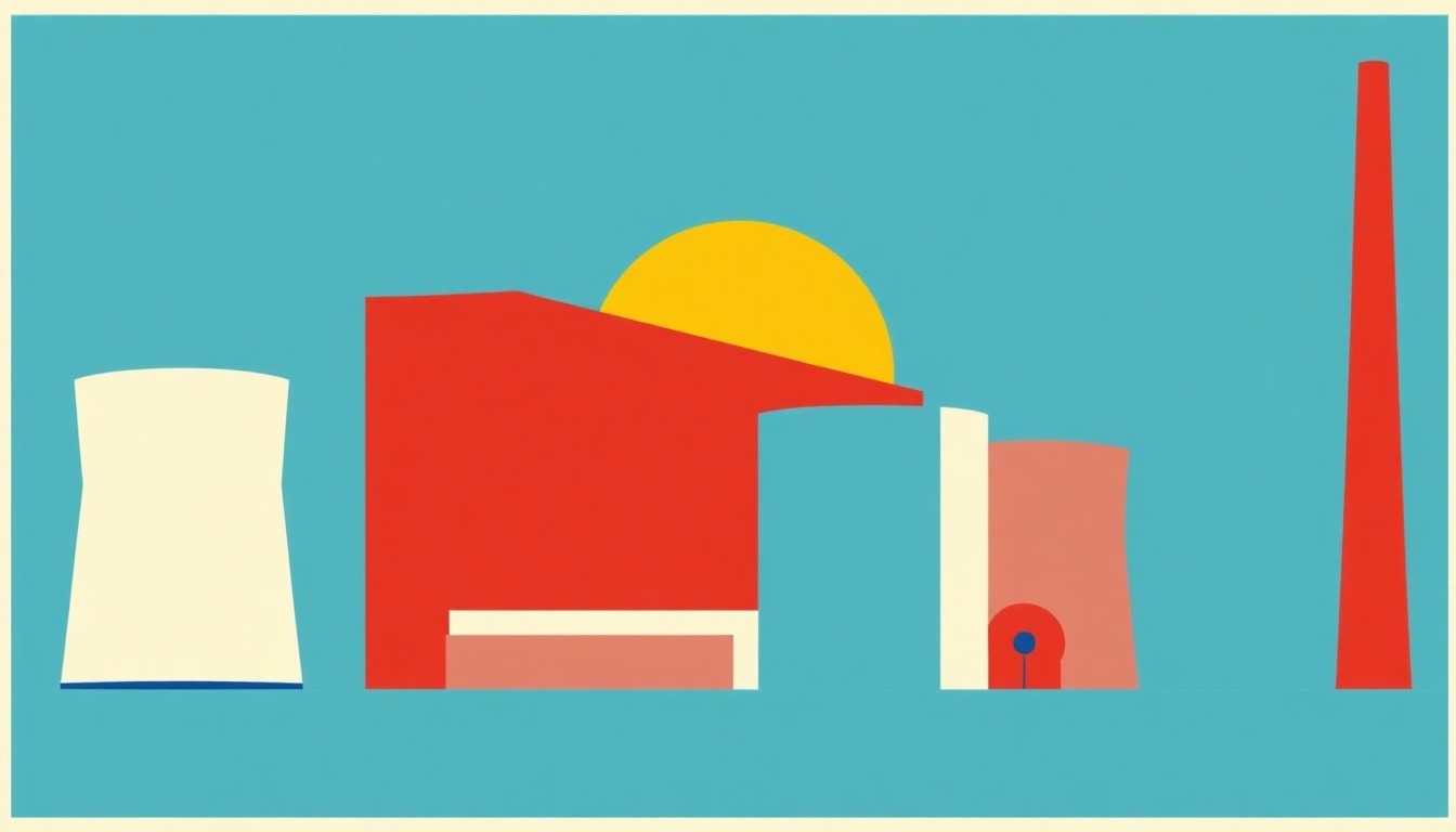 A geometric abstract illustration using bold shapes and primary colors to conceptually represent the role of nuclear energy in Indiana's energy landscape.