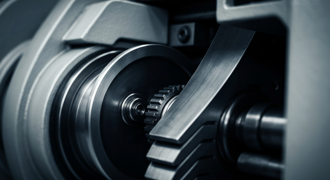 An extreme close-up of the gears, levers, and metal components of an industrial aluminum production machine, conveying the heavy, mechanical nature of Alcoa's operations.