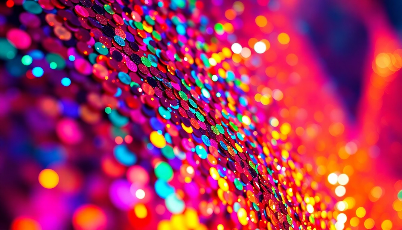 An abstract close-up photograph of shimmering, reflective sequins in a kaleidoscope of colors, capturing the high-energy, glamorous atmosphere of the Coachella music festival.