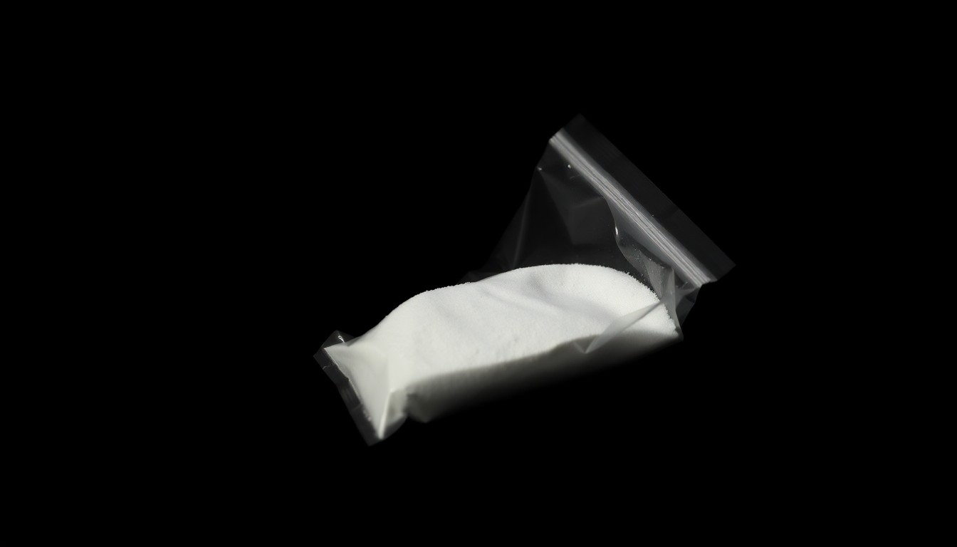 An extreme close-up photograph of a small plastic bag containing white powder, lit by a harsh, direct camera flash against a pitch-black background, conveying a stark, gritty, investigative aesthetic without depicting any violence or victims.