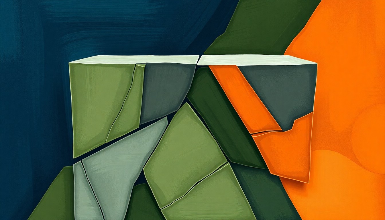 A vibrant, fractured painting in shades of blue, green, and orange, depicting an abstract representation of a voting booth or ballot box, symbolizing the complex political divisions within the Democratic Party.