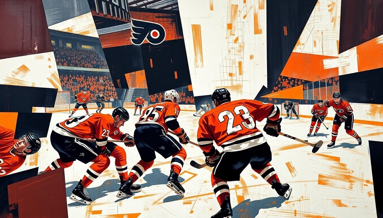 A fractured, multi-perspective painting in bold colors, breaking down a hockey game into sharp, overlapping geometric planes to represent the Flyers' physical, aggressive style of play during their 1976 playoff run.