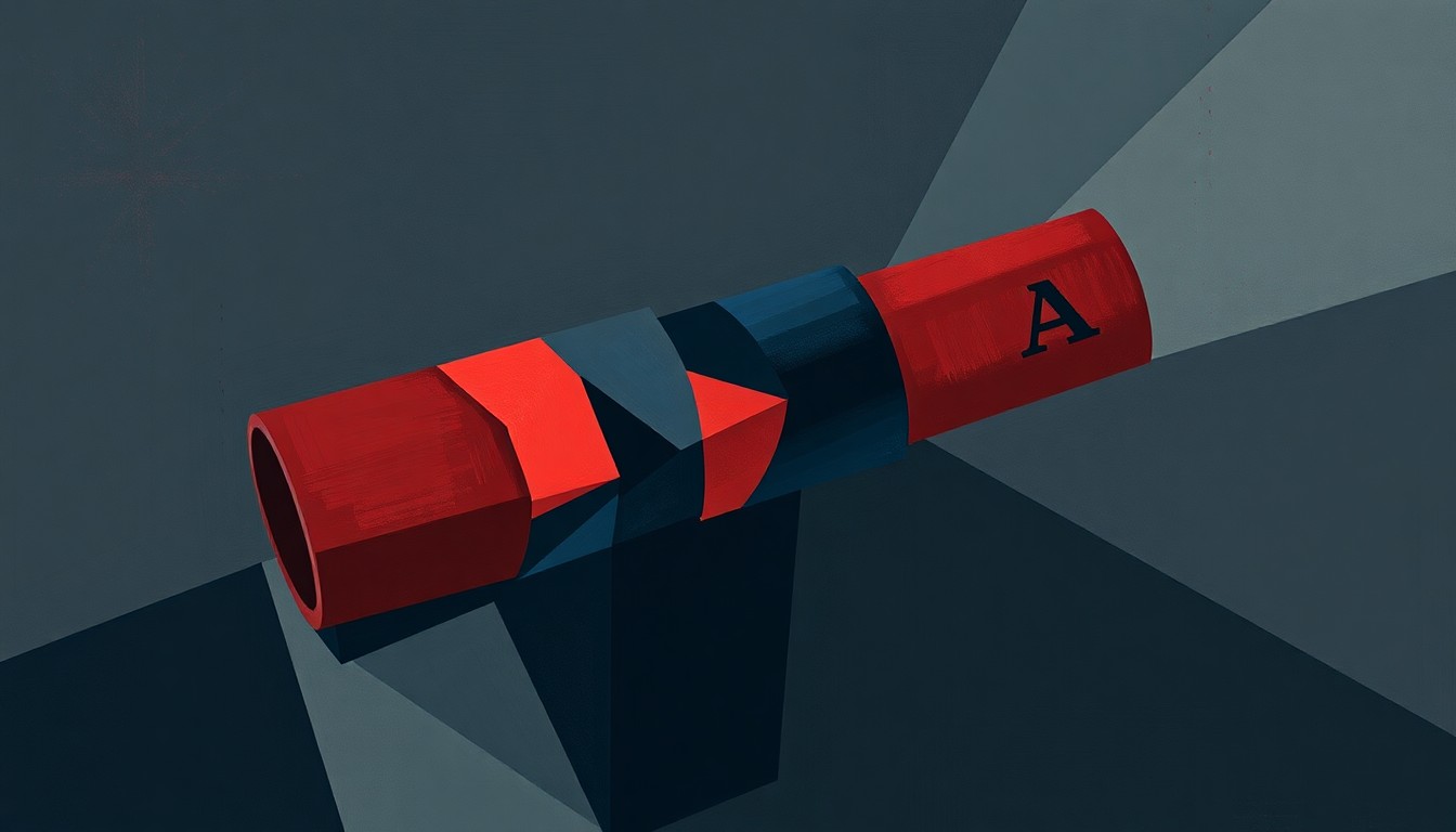 A conceptual illustration featuring overlapping, fractured geometric shapes in shades of grey, navy, and red, representing the divisive political debate around gun silencer legislation.