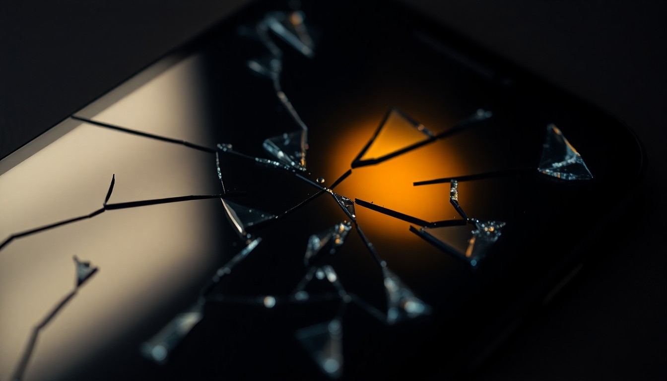 An extreme close-up photograph of a cracked and damaged smartphone screen, reflecting a faint light, conceptually representing the aftermath of a violent crime.