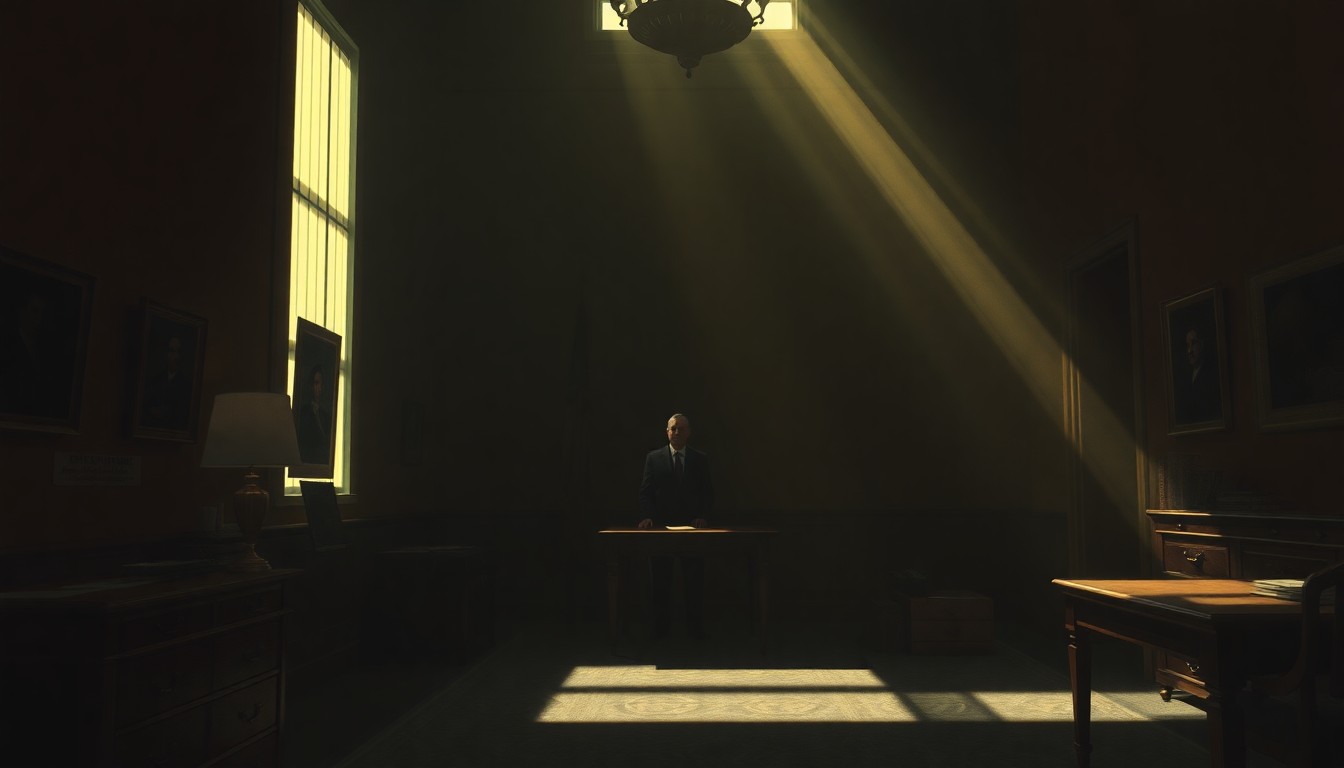 A dimly lit, cinematic painting of a lone political figure sitting at a desk in a government office, with warm sunlight streaming in through the window and deep shadows cast across the room, evoking a sense of quiet contemplation and the weight of public service.