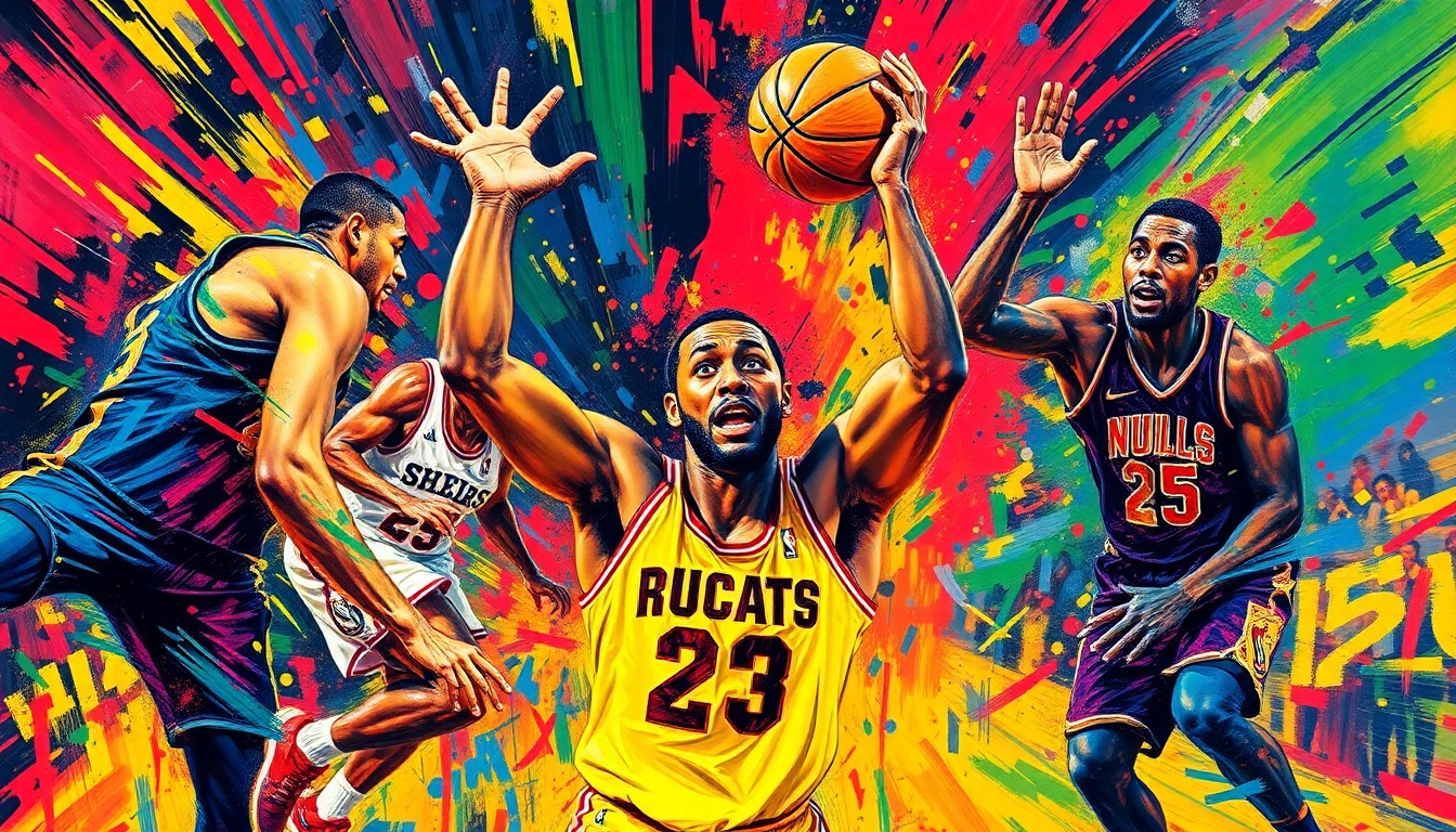 An abstract, energetic painting depicting the dynamic movements and raw intensity of a basketball game, with players' forms dissolving into vibrant splashes of neon colors.
