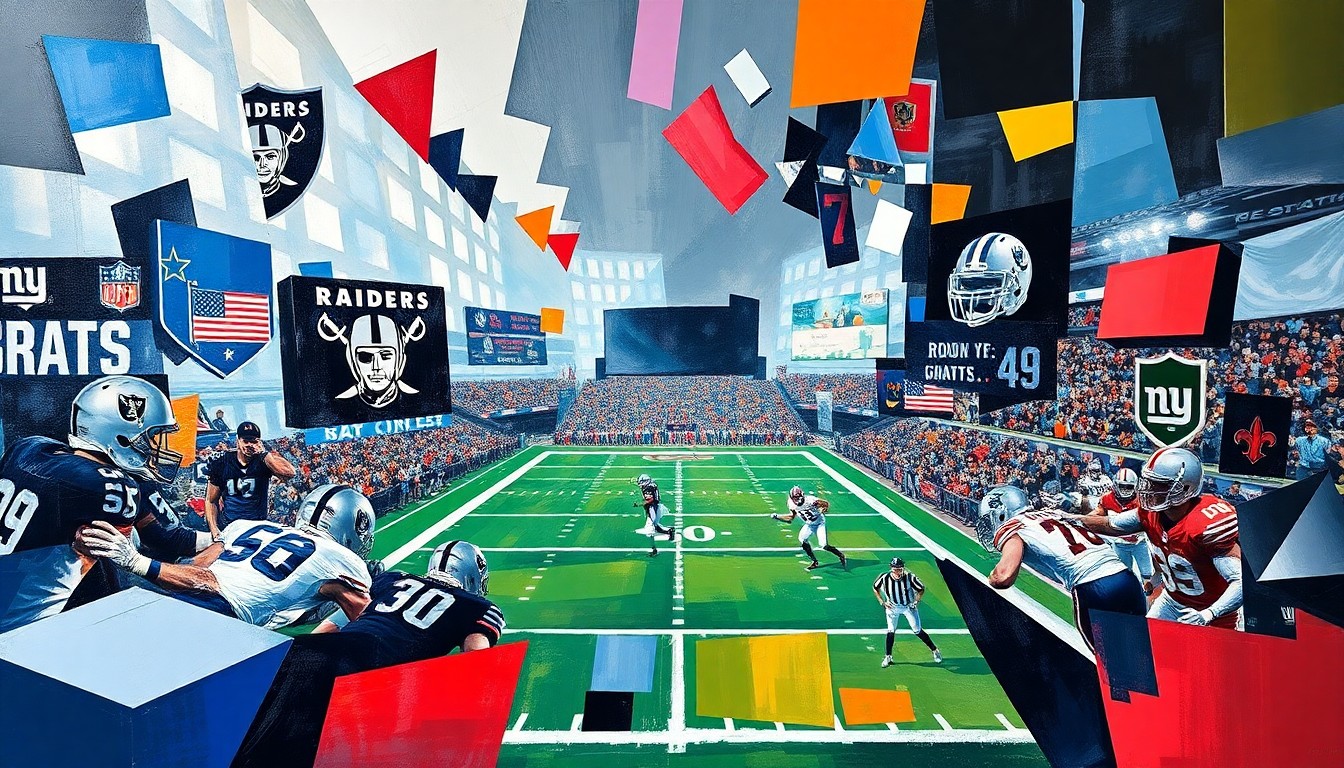 A fractured, multi-perspective painting in the style of Pablo Picasso, breaking a Raiders vs. Giants football game down into sharp, overlapping geometric planes that capture the raw energy and intensity of the rivalry.