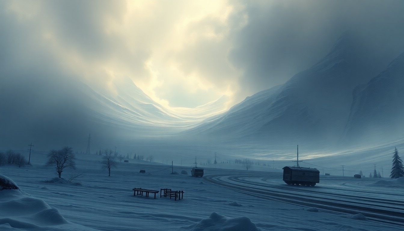 A vast, atmospheric landscape painting in muted tones of gray, blue, and white, depicting a severe winter storm with heavy snow and ice obscuring the horizon and dwarfing any visible structures or vehicles, conveying the overwhelming scale and power of the natural world.