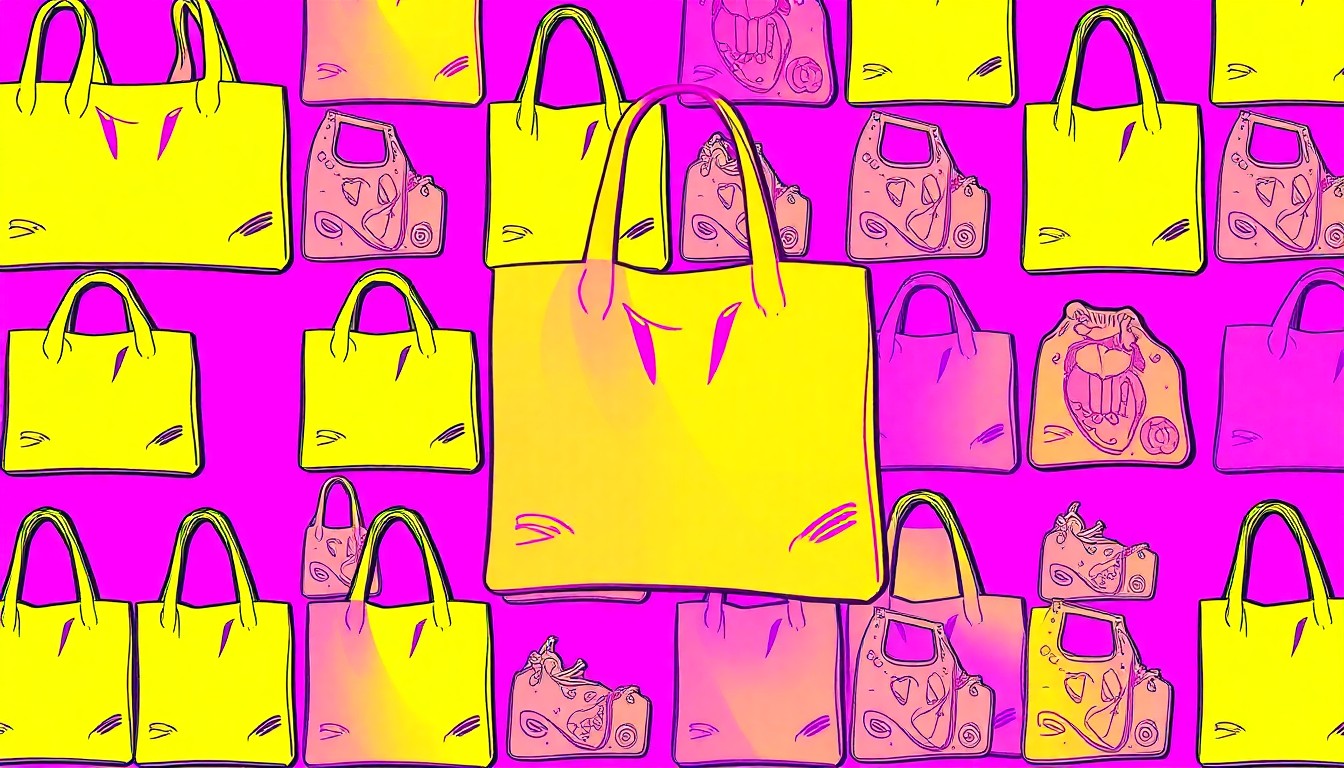 A brightly colored, high-contrast silkscreen print of a reusable grocery bag repeated in a tight grid pattern, conceptually representing the iconic lifestyle products and consumer habits celebrated at Rainbow Grocery's 50th anniversary party.