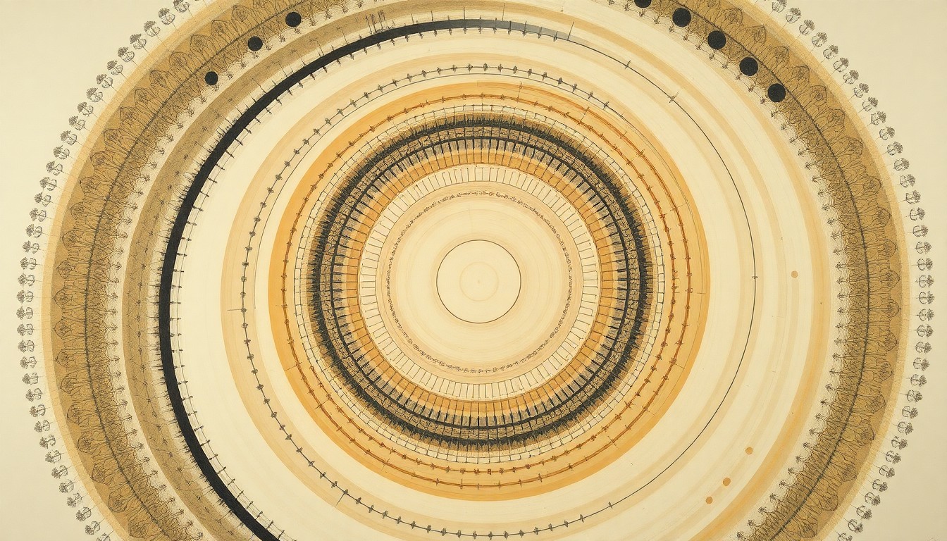 A bold, abstract painting in earthy tones featuring sweeping geometric arcs, concentric circles, and precise botanical spirals, conceptually representing the complex scientific forces and natural processes behind an innovative septic system prototype designed to remove nitrogen from wastewater.