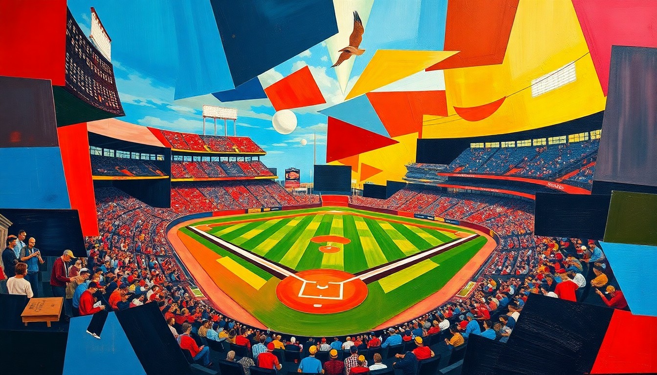A fragmented, geometric painting depicting a baseball game, with sharp planes of color and overlapping perspectives, capturing the dynamic energy of the sport.
