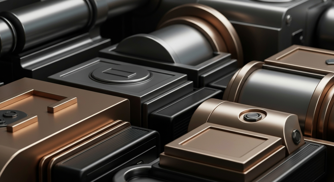 An extreme close-up of gleaming, industrial banking equipment and machinery, conveying the secure, physical nature of financial institutions and stored wealth without using literal currency or charts.