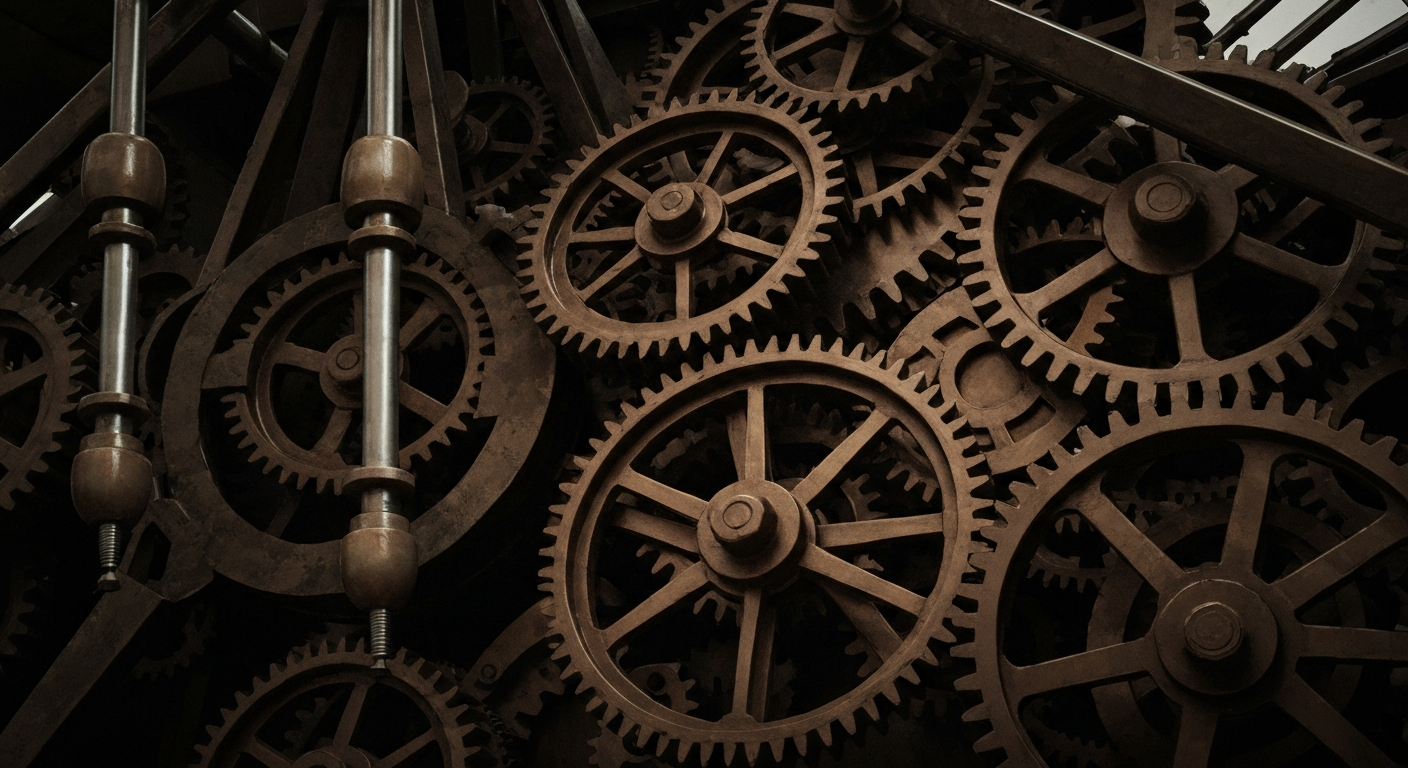 A highly detailed, black-and-white close-up image of the intricate mechanical components of a Disney theme park ride, conveying the company's engineering expertise and financial strength.