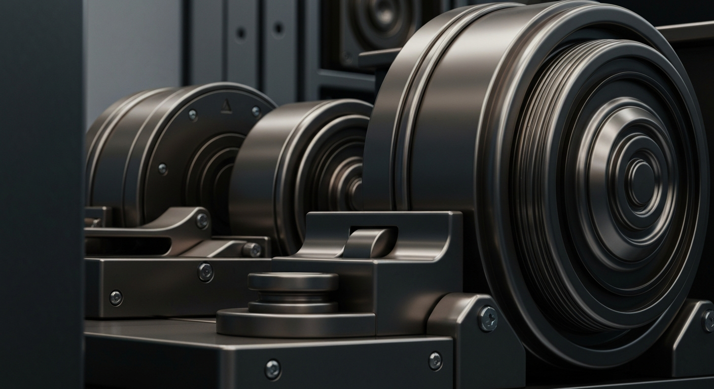 A highly detailed, textured close-up image of heavy, industrial banking equipment and machinery, conveying a sense of institutional financial security and economic power without any text or identifiable elements.