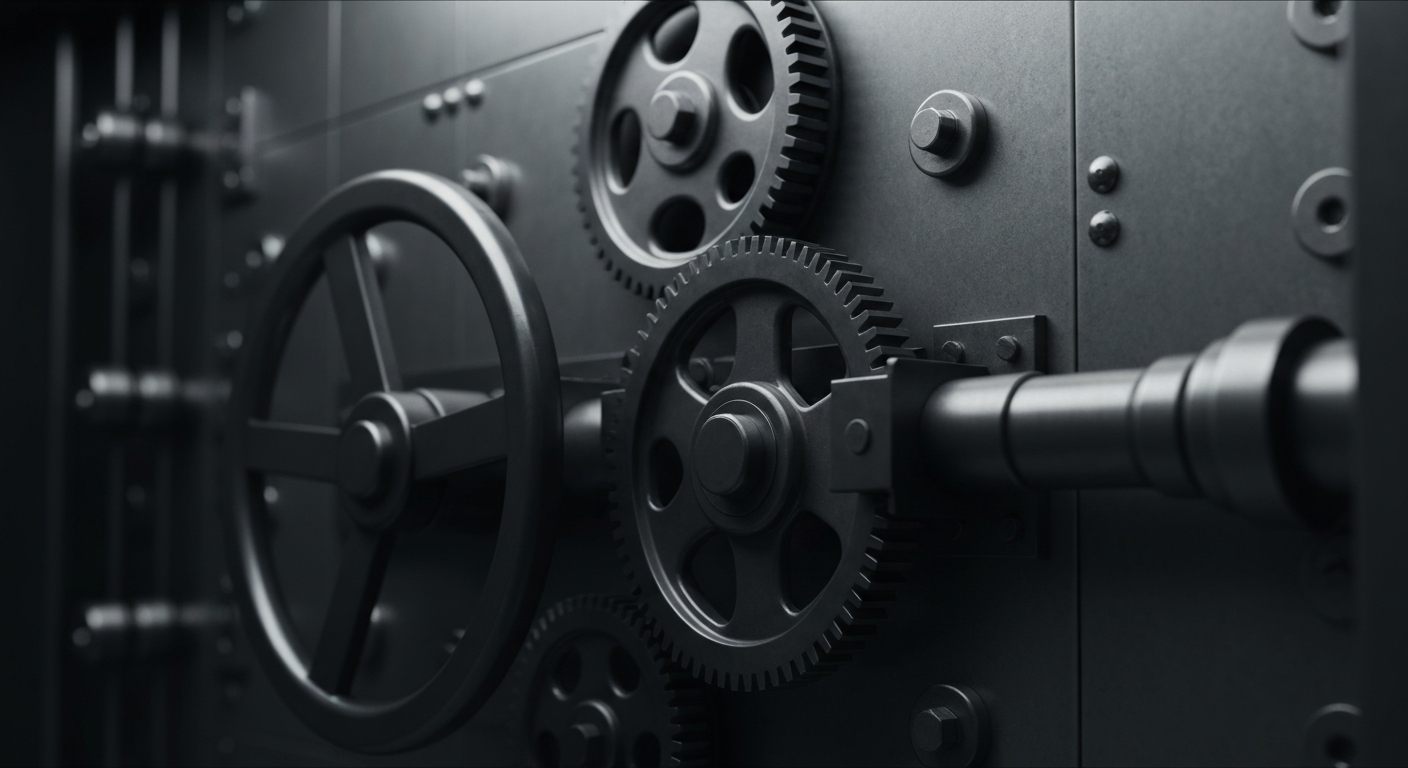 A highly detailed, black-and-white close-up image of the intricate inner workings of a bank vault, with gears, locks, and heavy machinery, conveying a sense of the secure, industrial nature of institutional finance.