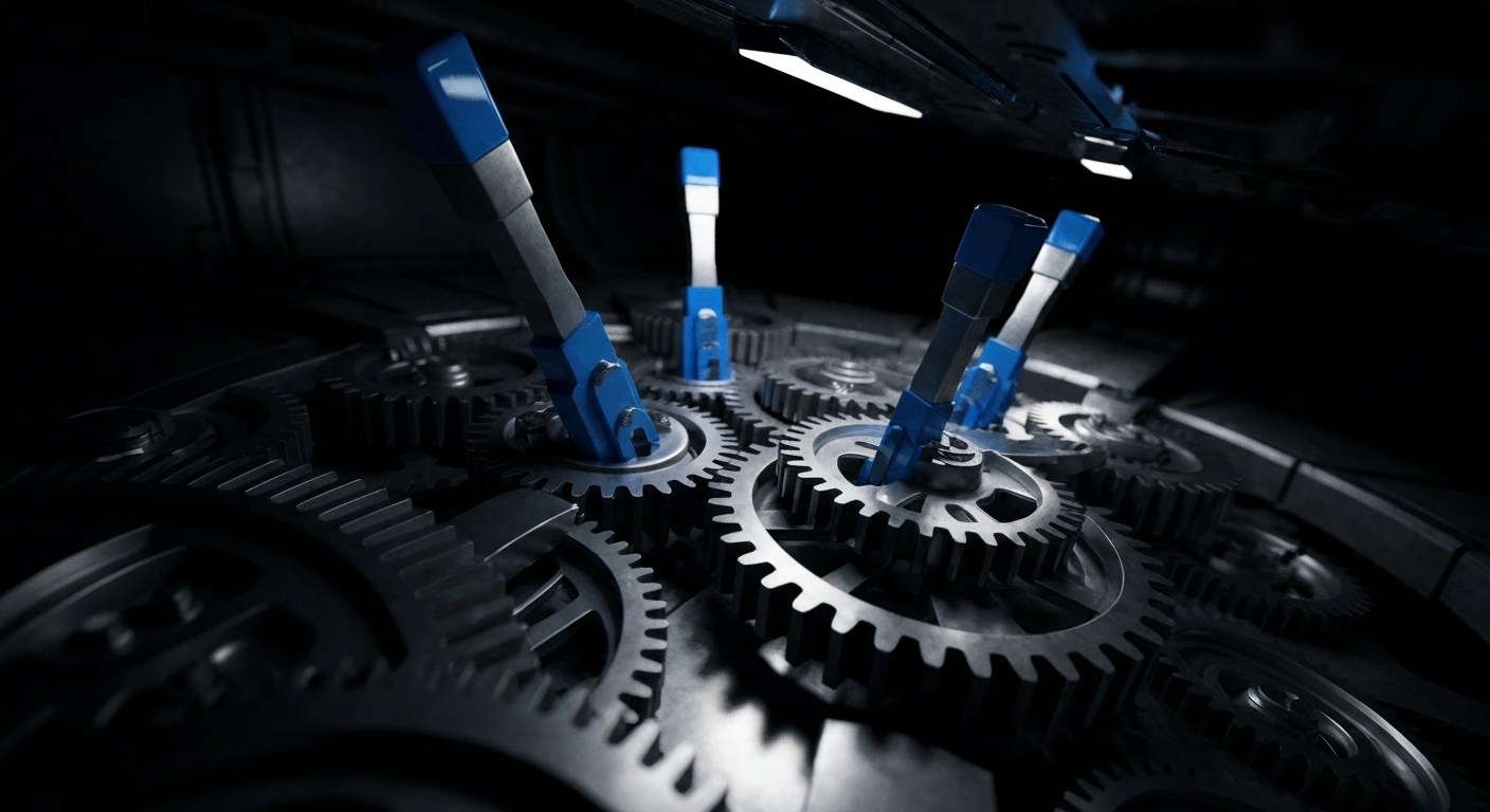 An extreme close-up of a complex network of industrial gears and levers, representing the complex financial infrastructure of the healthcare industry.