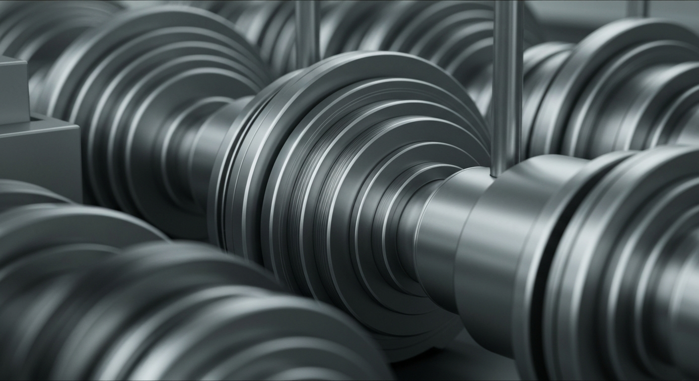 An extreme close-up of intricate, metallic banking machinery and components, conveying the industrial power and infrastructure of the financial sector without using any text or identifiable symbols.