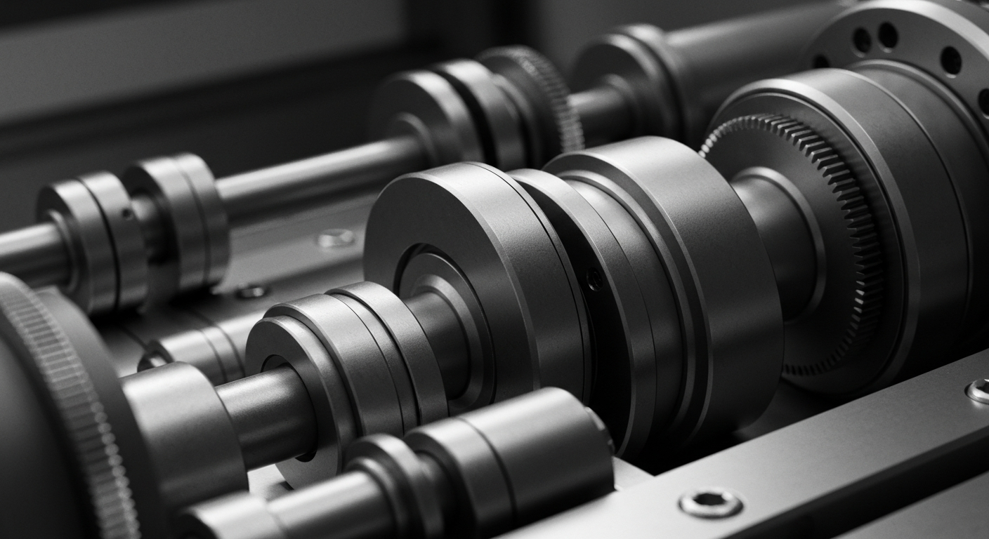 A high-contrast, close-up image of the complex inner workings of a medical device, conveying the technical precision and industrial nature of the healthcare technology industry.