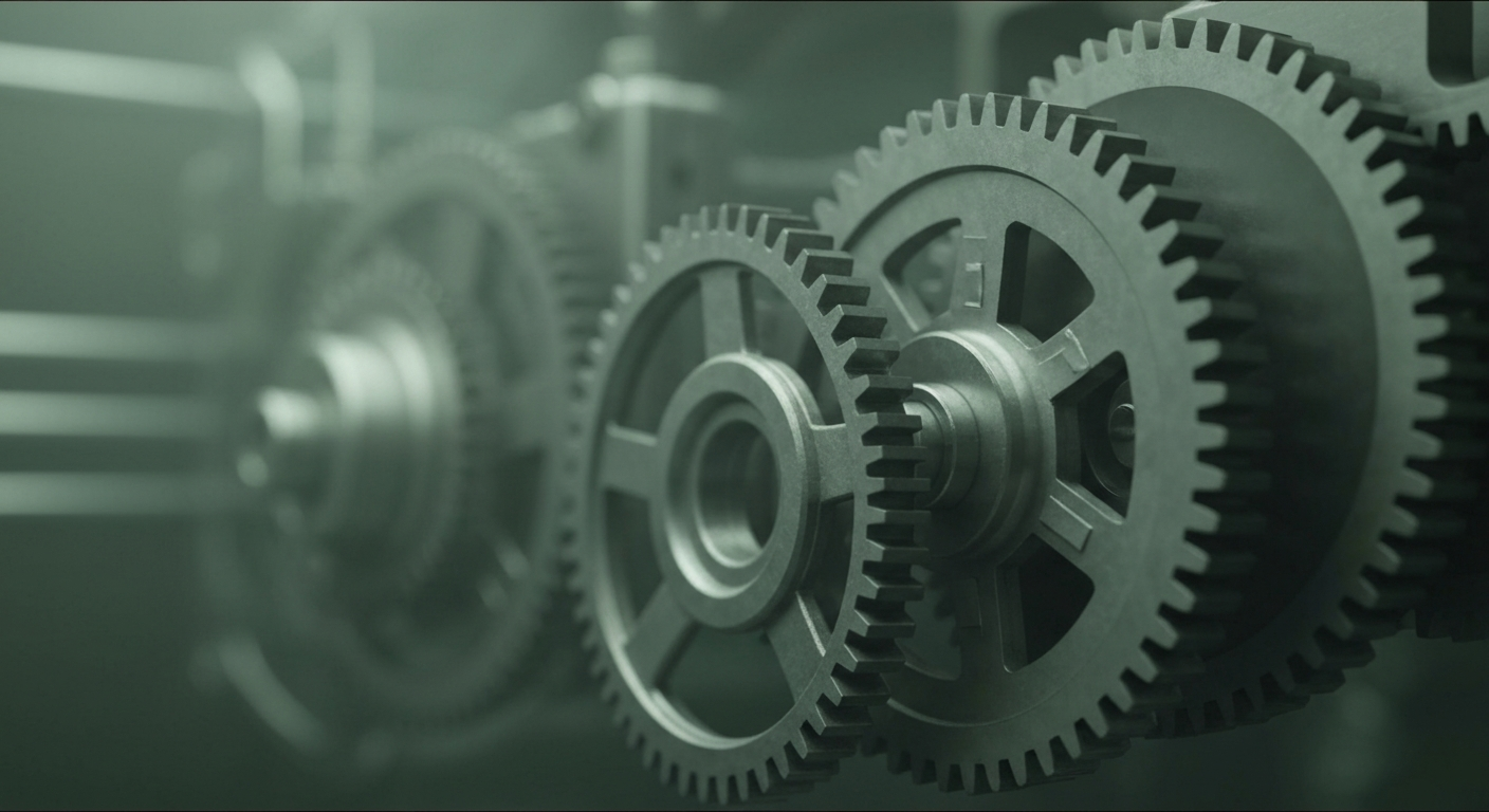 An extreme close-up of intricate, metallic financial machinery and equipment, conveying the industrial scale and technological sophistication of Equifax's data processing capabilities.