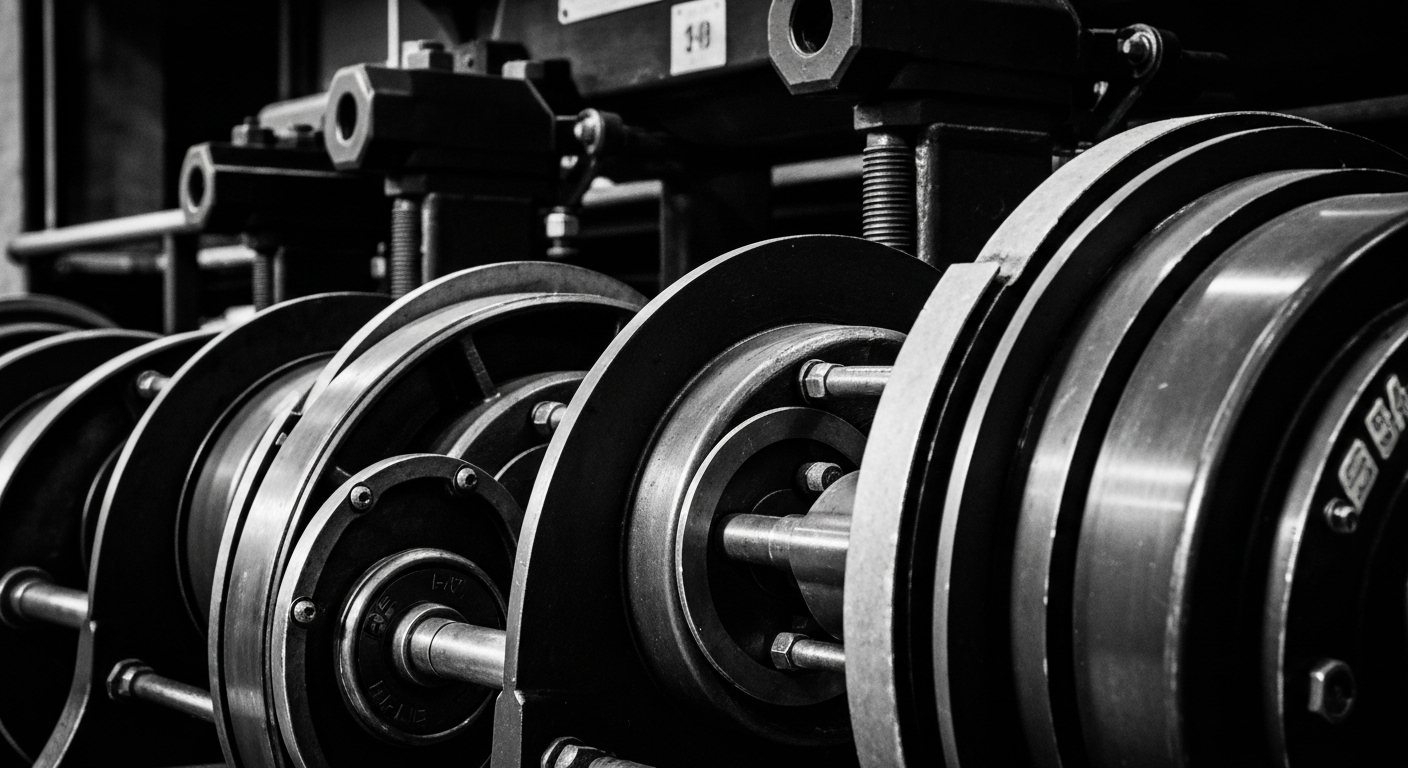 A high-contrast black and white close-up photograph of heavy industrial machinery and equipment used in banking and finance, conveying a sense of institutional power and the complex mechanics of the financial system.