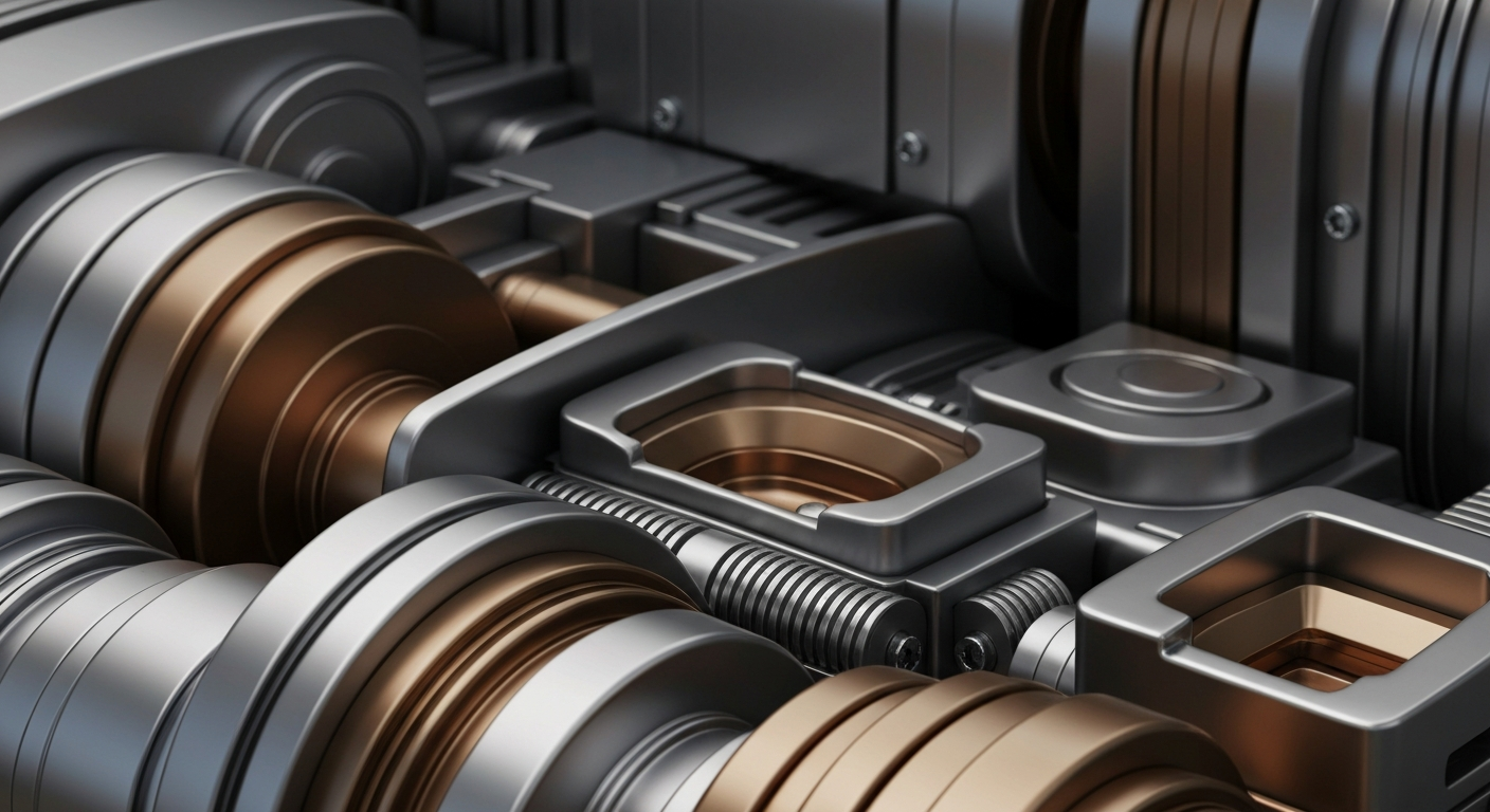 An extreme close-up of various metal gears, levers, and mechanical components in shades of grey, bronze, and chrome, representing the secure and institutional nature of the financial markets.