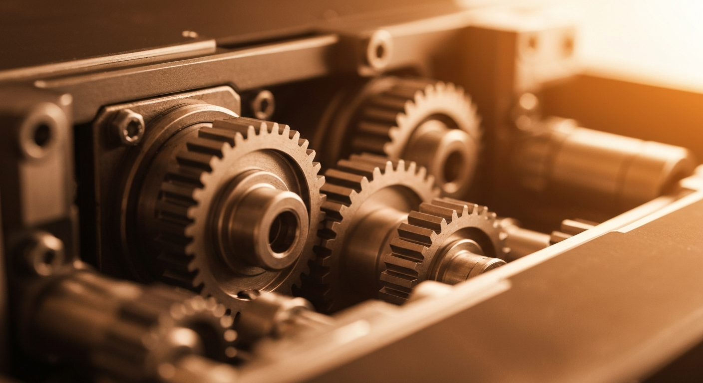 A highly detailed, cinematic macro photograph of the complex mechanical components and machinery that enable the design and manufacturing of advanced semiconductor chips and systems.