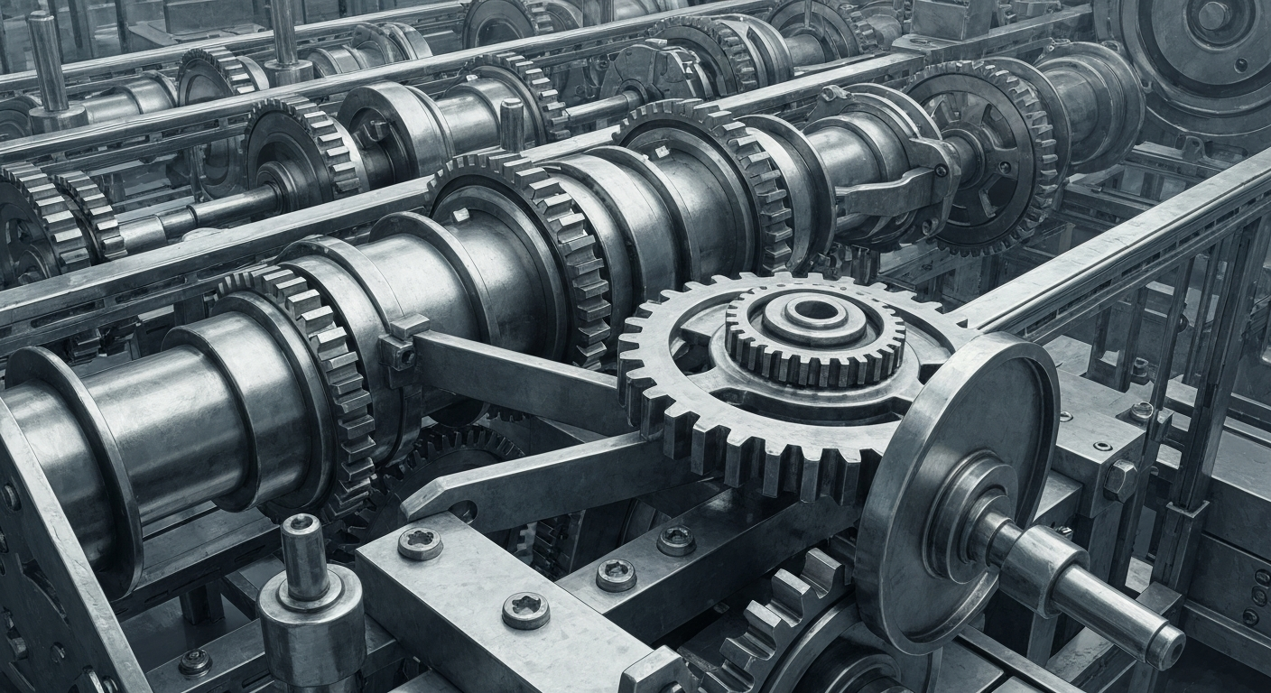 An extreme close-up of the complex inner workings of an insurance processing facility, conveying a sense of industrial strength and institutional stability.