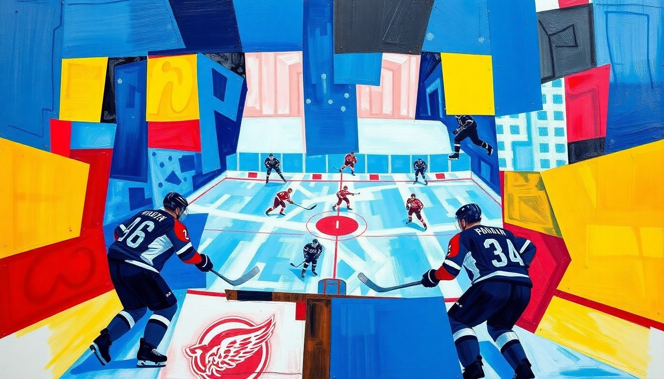 A fragmented, geometric painting depicting the dynamic movements and energy of a hockey game, with sharp planes of blue, red, and yellow representing the opposing teams.