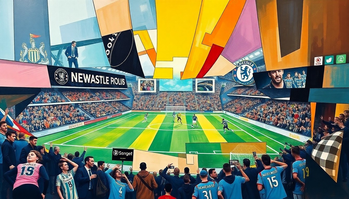 A fragmented, geometric painting depicting a soccer match, with players and the field broken down into sharp, overlapping shapes and planes of color, conveying the intensity and drama of the game.