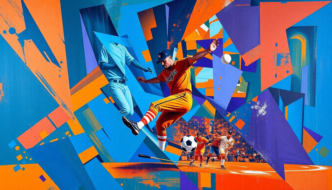 A cubist-style painting depicting Manny Machado's baseball play, with sharp, overlapping geometric shapes in vibrant colors representing the dynamic energy of the moment.