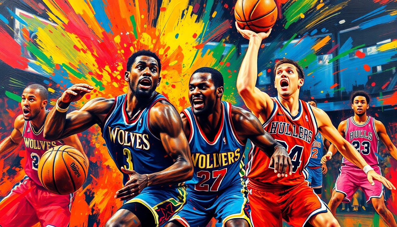 An abstract, expressionist painting in vibrant neon colors, capturing the intense energy and movement of a basketball game, with players' forms dissolving into dynamic brushstrokes and splashes of paint.
